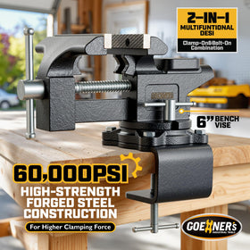 Kitvance 6-inch bench vise side view highlighting compact setup for tight workshops.