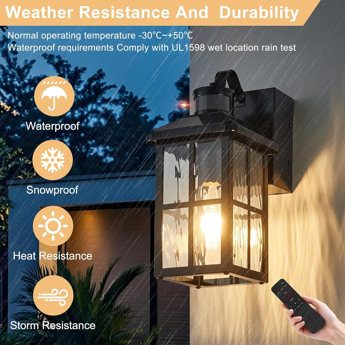 KiwiLusam front-door outdoor light designed for rain exposure and easy mounting.