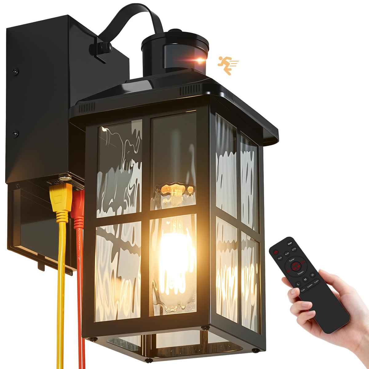 KiwiLusam porch light with GFCI outlet and remote for convenient outdoor power access.