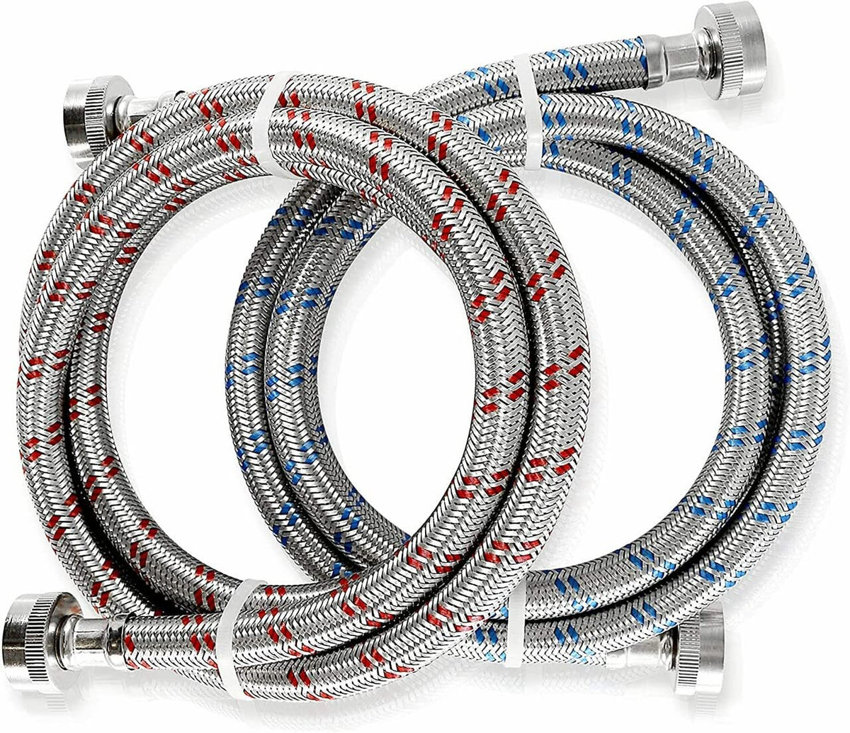 K&J Premium 6ft braided stainless washing hose close-up showing burst-proof design.