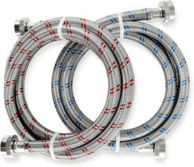 K&J Premium 6ft braided stainless washing hose close-up showing burst-proof design.