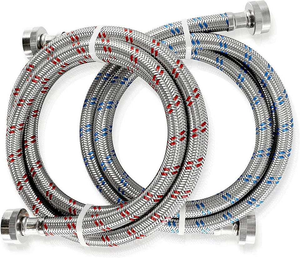 K&J Premium 6ft braided stainless washing hose close-up showing burst-proof design.