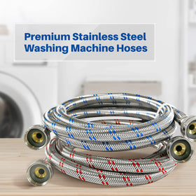 K&J Premium hot water washing hose connected to a washer for reliable supply.