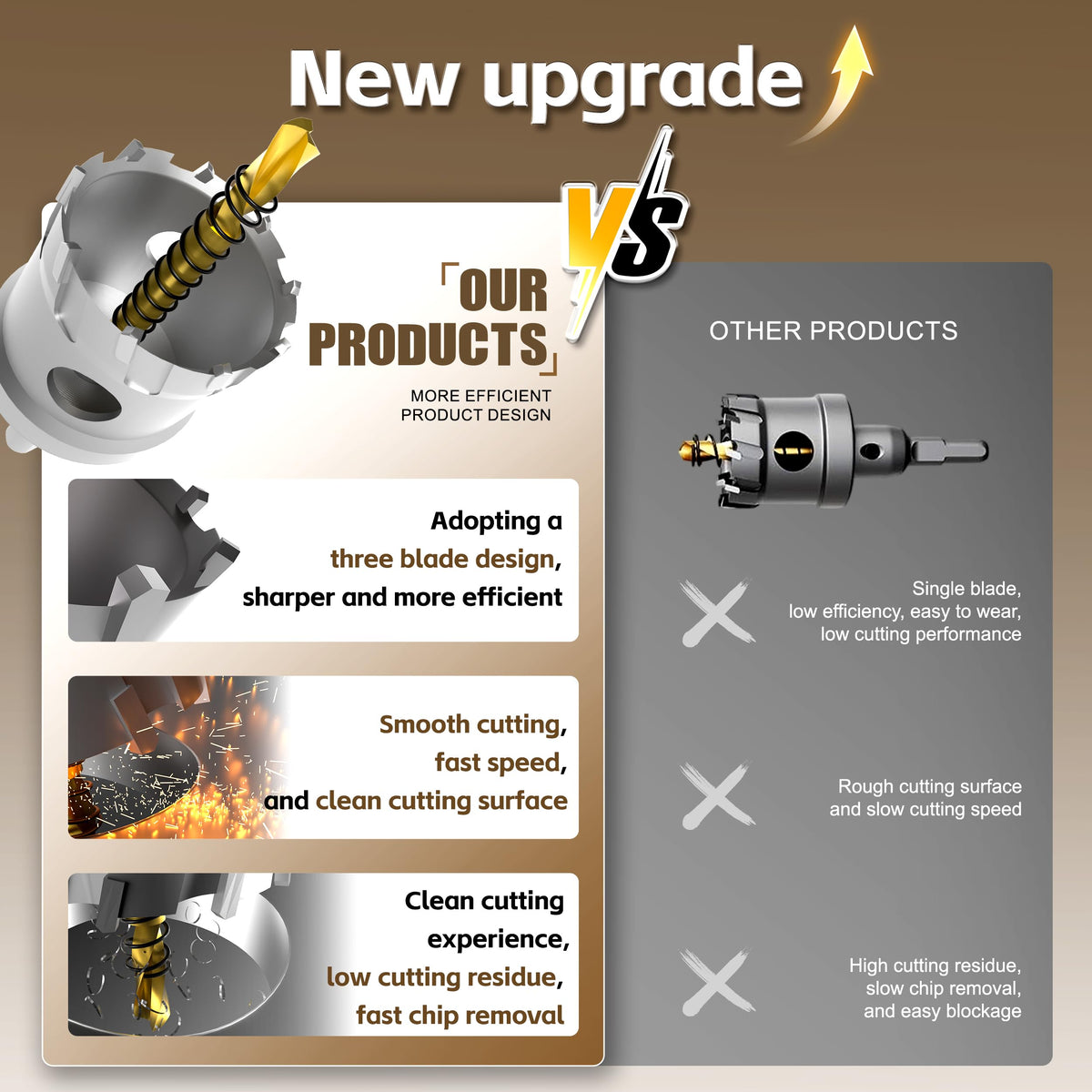 KJE carbide-tipped teeth enable fast, burr-free drilling in metal.