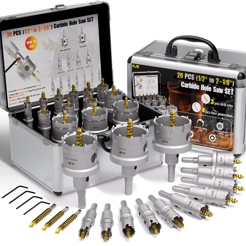KJE 20 in 1 hole saw kit close-up shows titanium coating for durable cuts.