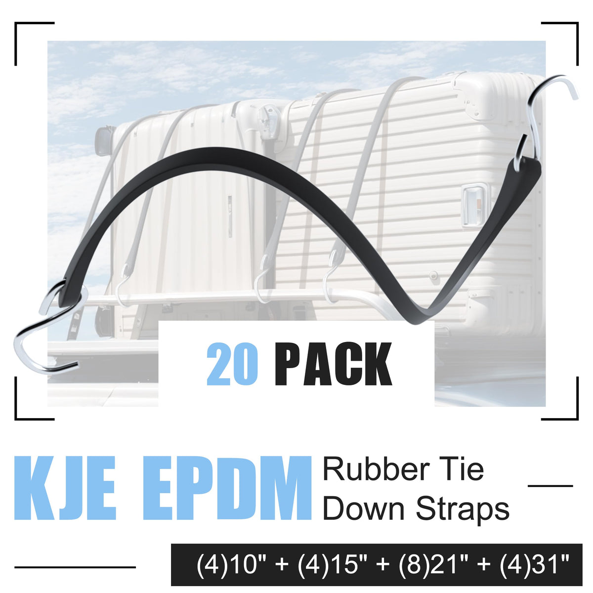 KJE 15-inch bungee cords with S hooks for secure motorcycle and van ties.