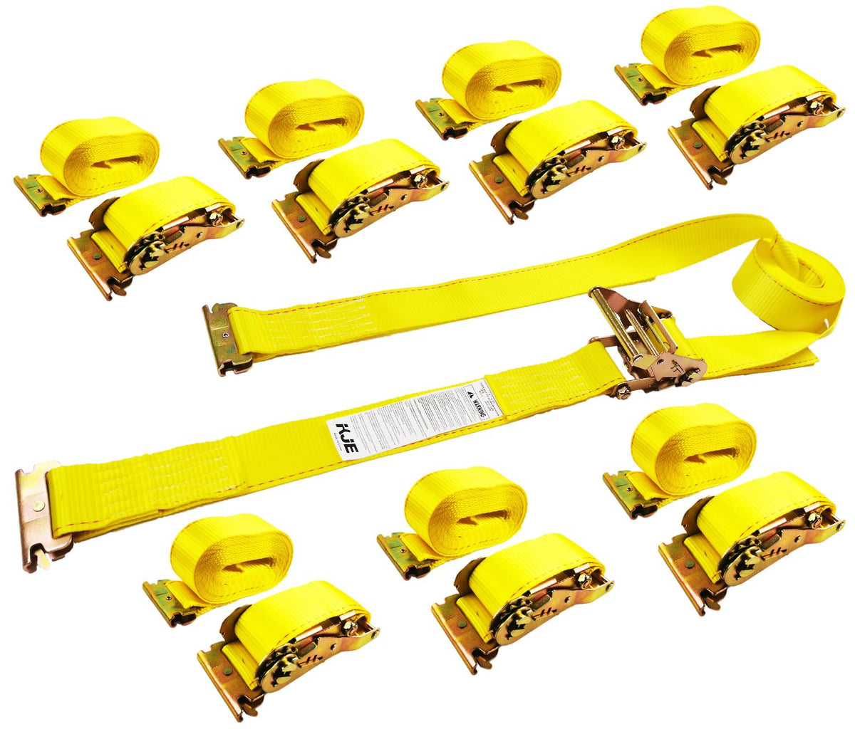 KJE e-track ratchet strap in use securing cargo on a truck.