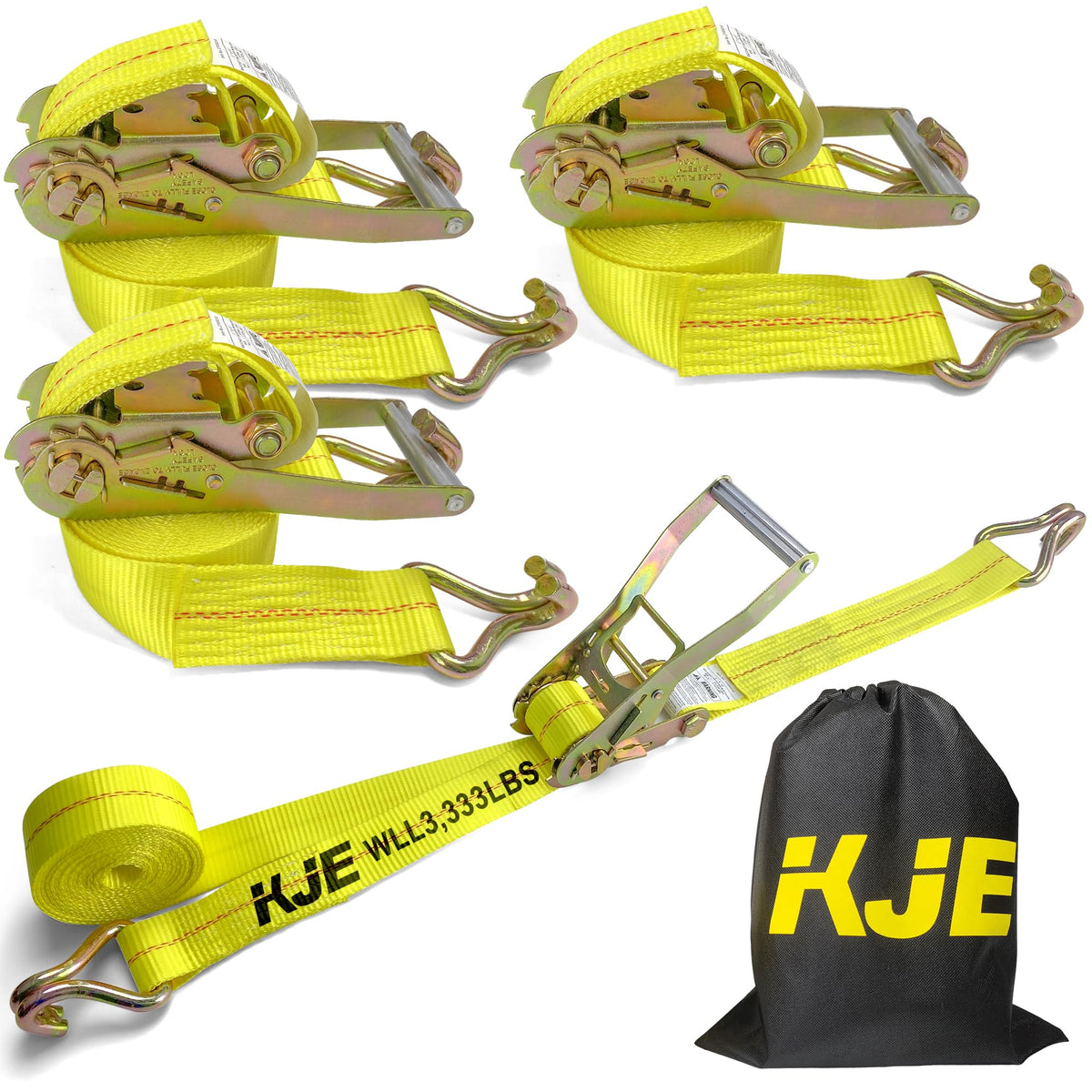 KJE heavy-duty ratchet straps four-pack securing cargo for trucks.