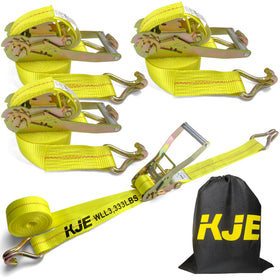 KJE heavy-duty ratchet straps four-pack securing cargo for trucks.