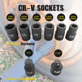 KJE six-point socket set in 24–38 mm sizes for versatile lug nut fit