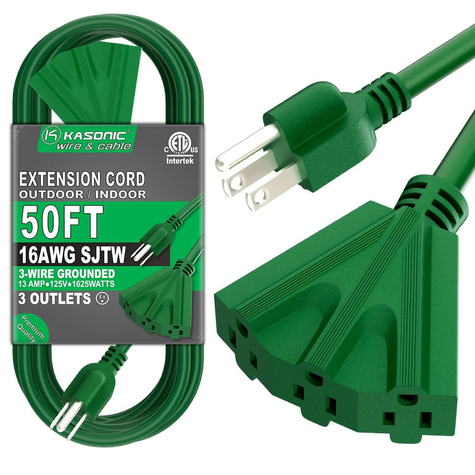 K KASONIC 50ft extension cord with three outlets for versatile indoor-outdoor power.