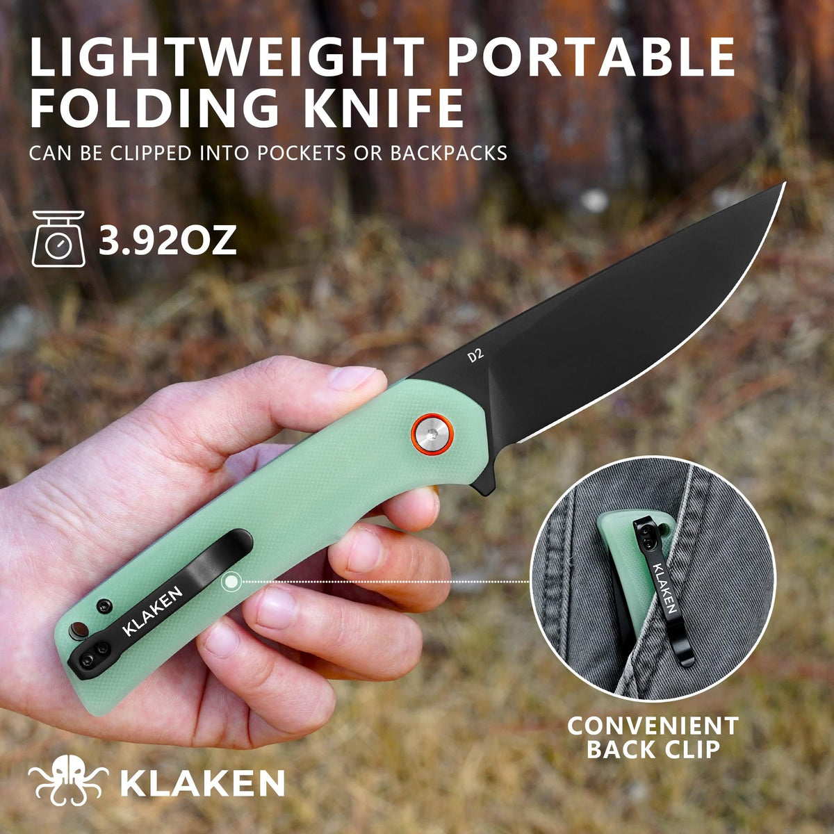 KLAKEN ball-bearing deployment knife enables one-handed opening in active adventures.