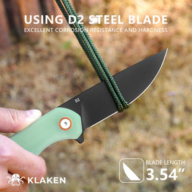 KLAKEN folding knife with G10 handle delivers non-slip grip in rain or snow.