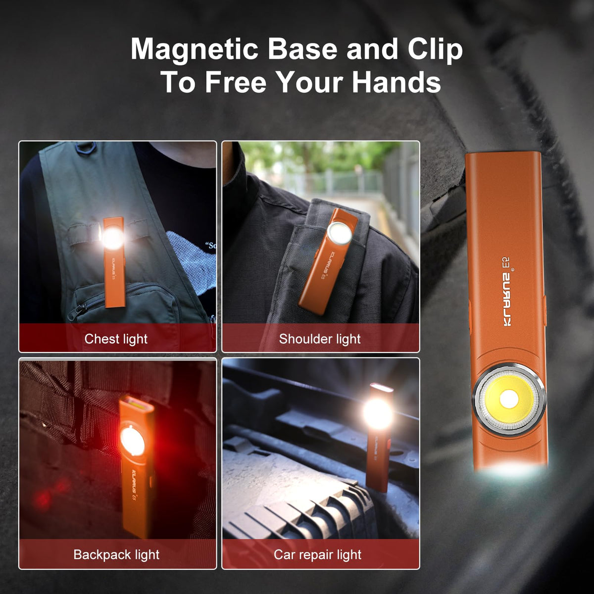 Klarus E5 clip-on design attaches to belts or hats for hands-free use
