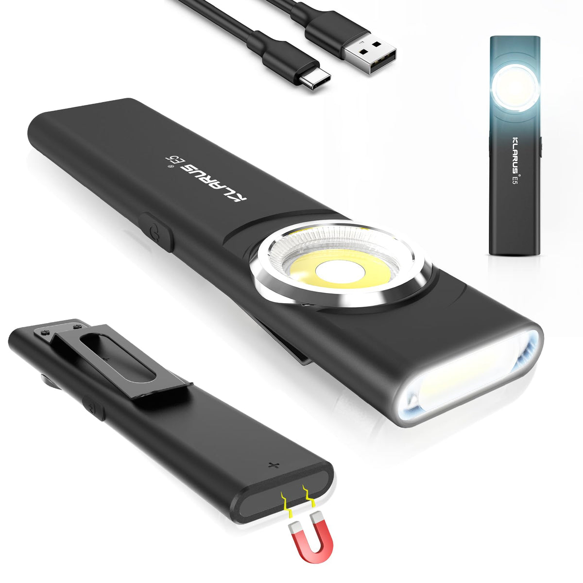 Klarus E5 pocket flashlight front light delivers precise illumination on the go.