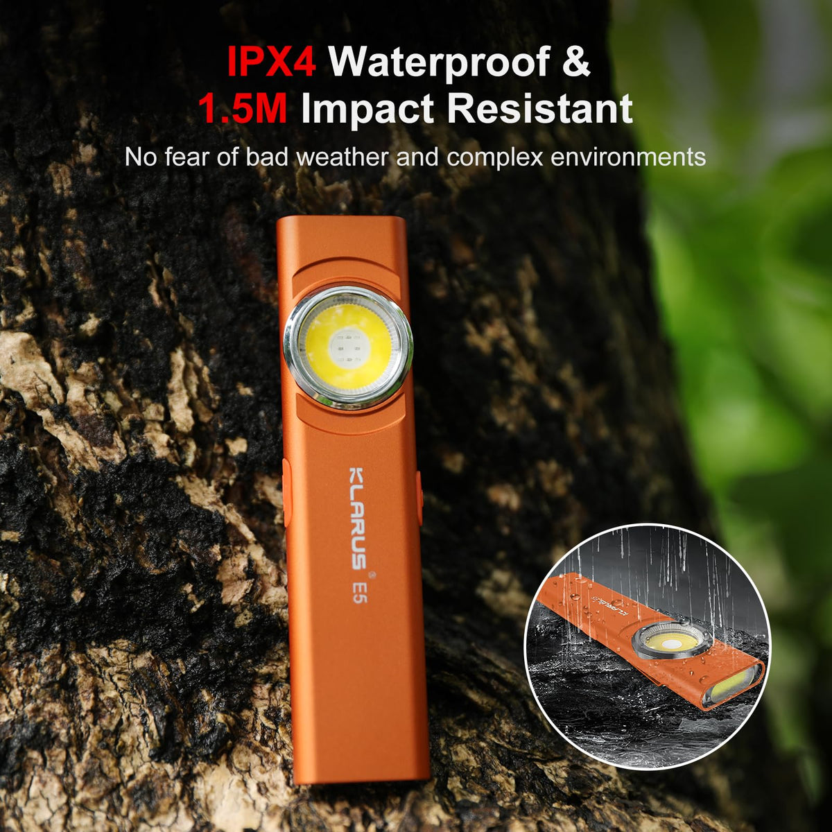 Klarus E5 IPX4 waterproof rating for use in light rain and damp conditions