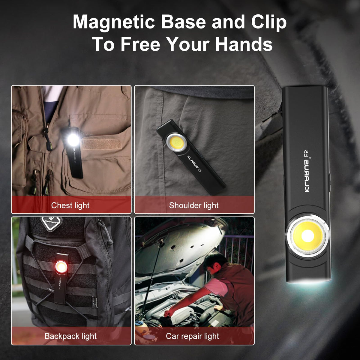 Klarus E5 magnetic base and clip keep hands free and secure.