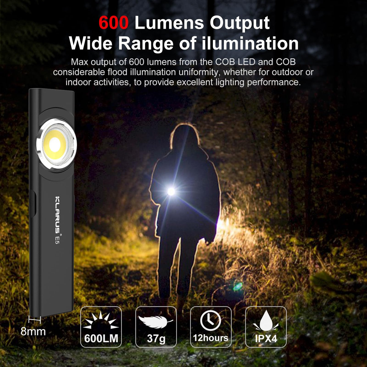 Klarus E5 pocket flashlight top light provides overhead brightness for detailed tasks.