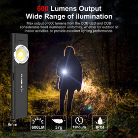 Klarus E5 pocket flashlight top light provides overhead brightness for detailed tasks.