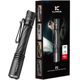 Klarus P2 tactical pen light held in hand showing 1000 lumens for visibility