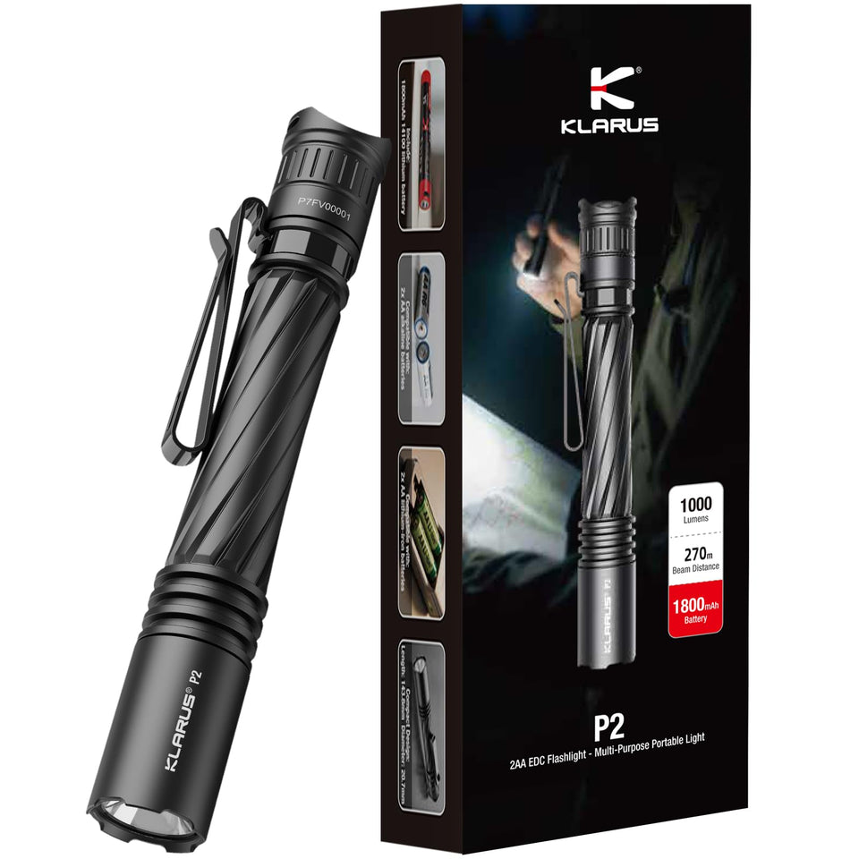 Klarus P2 tactical pen light held in hand showing 1000 lumens for visibility