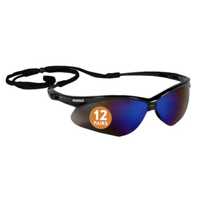 KLEENGUARD Nemesis safety glasses blue mirrored lenses reduce glare for outdoor work.