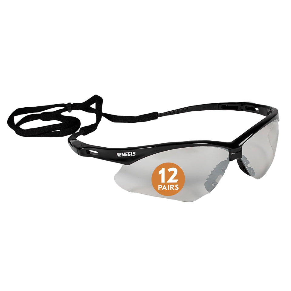 KleenGuard Nemesis safety glasses with indoor/outdoor lenses and black frame for versatile use.
