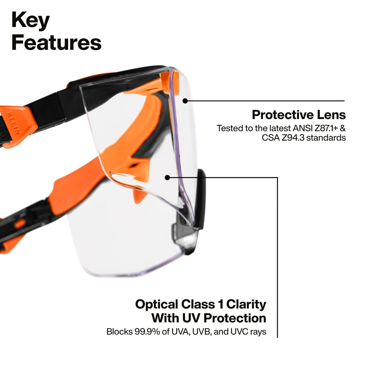 Close-up of anti-fog coating on Klein Tools 03006 OTG safety glasses.