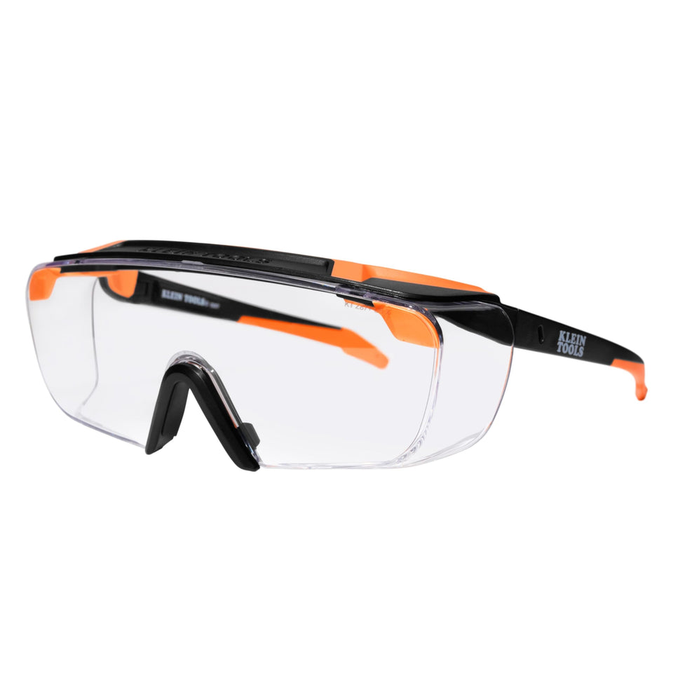 Klein Tools 03006 OTG safety glasses with clear lens for protection over prescription eyewear.