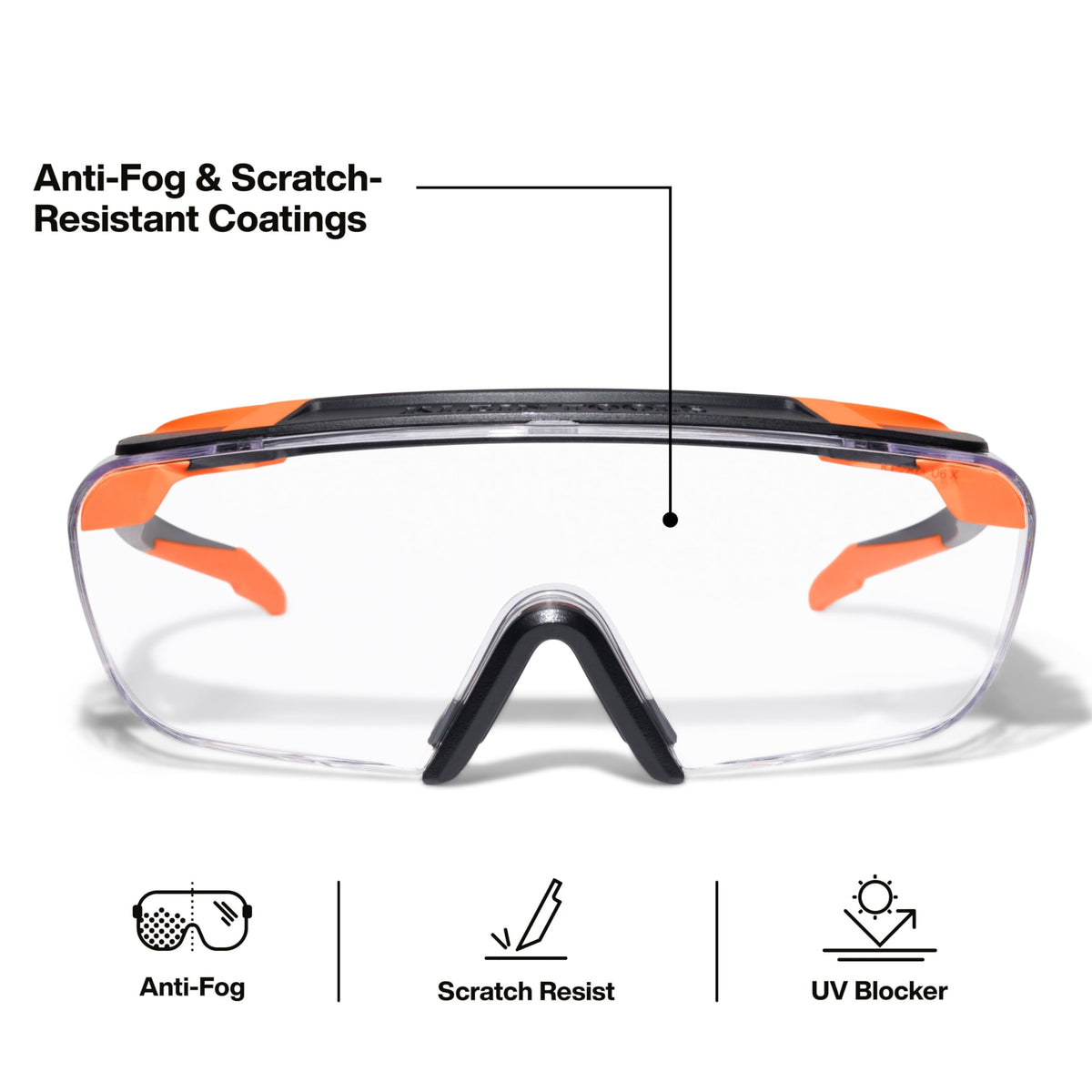 Close-up of scratch-resistant lens on Klein Tools 03006 OTG safety glasses.