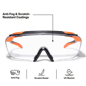 Close-up of scratch-resistant lens on Klein Tools 03006 OTG safety glasses.