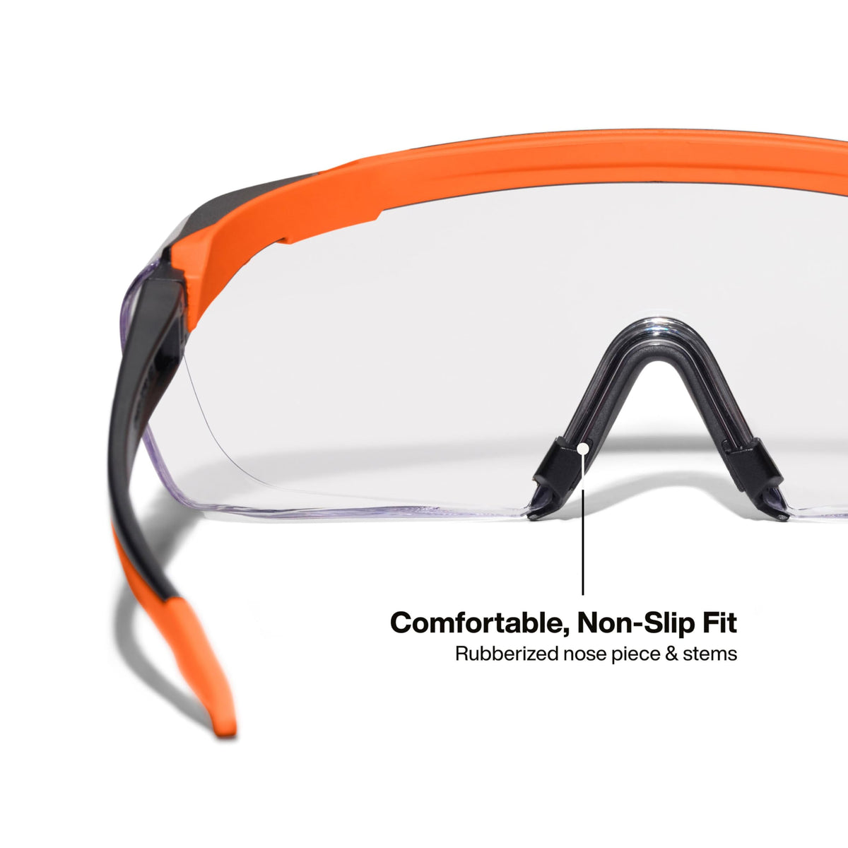 Soft rubberized nose piece on Klein Tools 03006 OTG glasses for secure comfort.