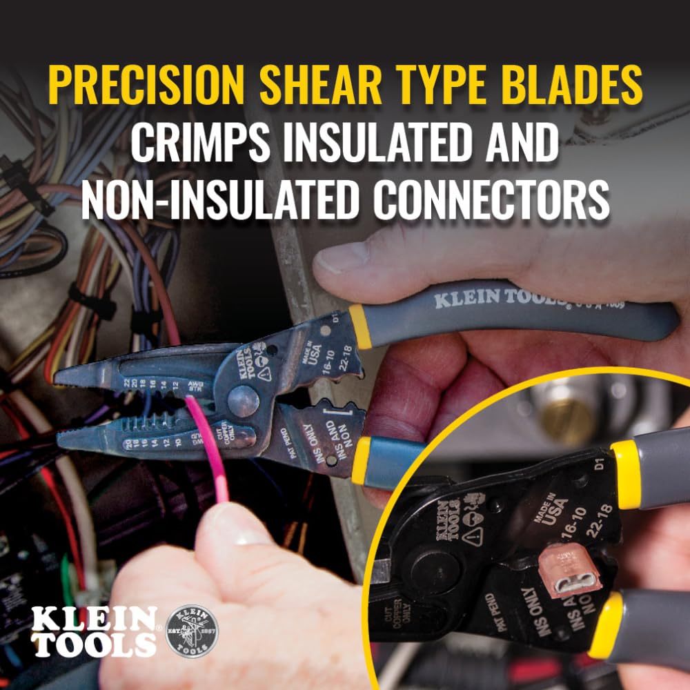 Klein Tools 1009 in-use shot demonstrates wire stripping and crimping versatility