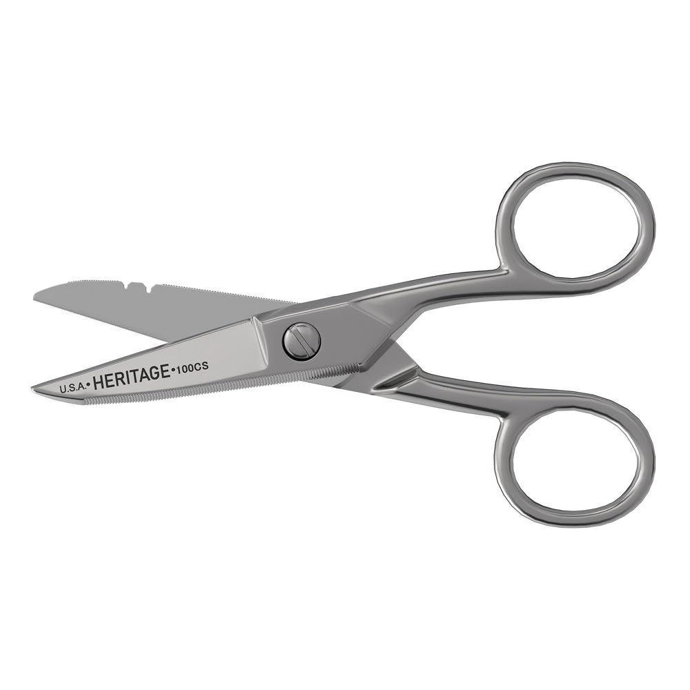 Klein Tools 100CS scissors close-up of a nickel-plated blade for durability.
