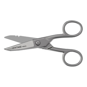 Klein Tools 100CS scissors close-up of a nickel-plated blade for durability.