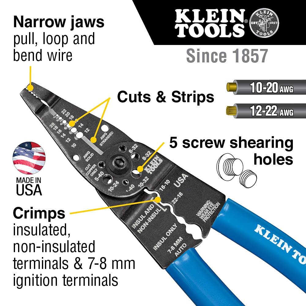 Klein Tools 1010 wire stripper handles 10-20 AWG and 12-22 AWG.