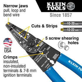 Klein Tools 1010 wire stripper handles 10-20 AWG and 12-22 AWG.