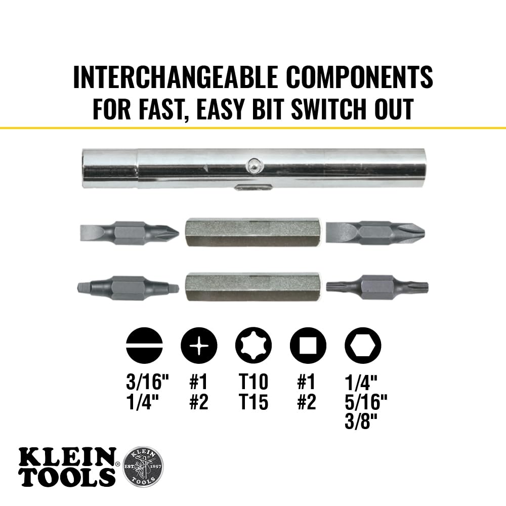 Close-up of 11-in-1 bit shaft holding eight popular tips
