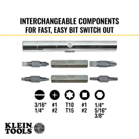 Close-up of 11-in-1 bit shaft holding eight popular tips