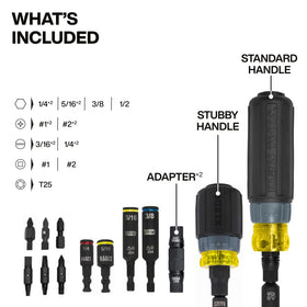 Klein Tools 11-in-1 ratcheting screwdriver highlights cross-compatible adapters.