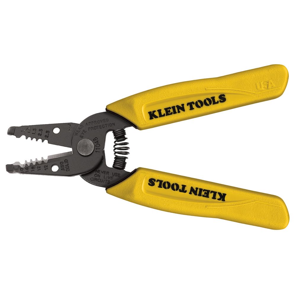 Klein Tools 11048 dual-wire stripper front view demonstrating two-wires-in-one stripping efficiency