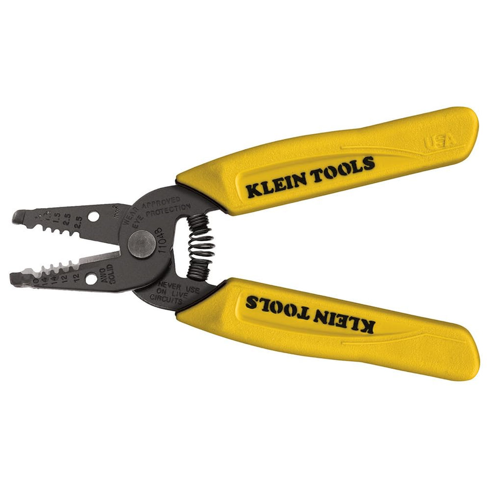 Klein Tools 11048 dual-wire stripper front view demonstrating two-wires-in-one stripping efficiency