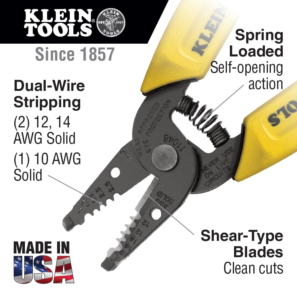 Klein Tools 11048 dual-wire stripper side view highlighting compact form for tight-space wiring tasks