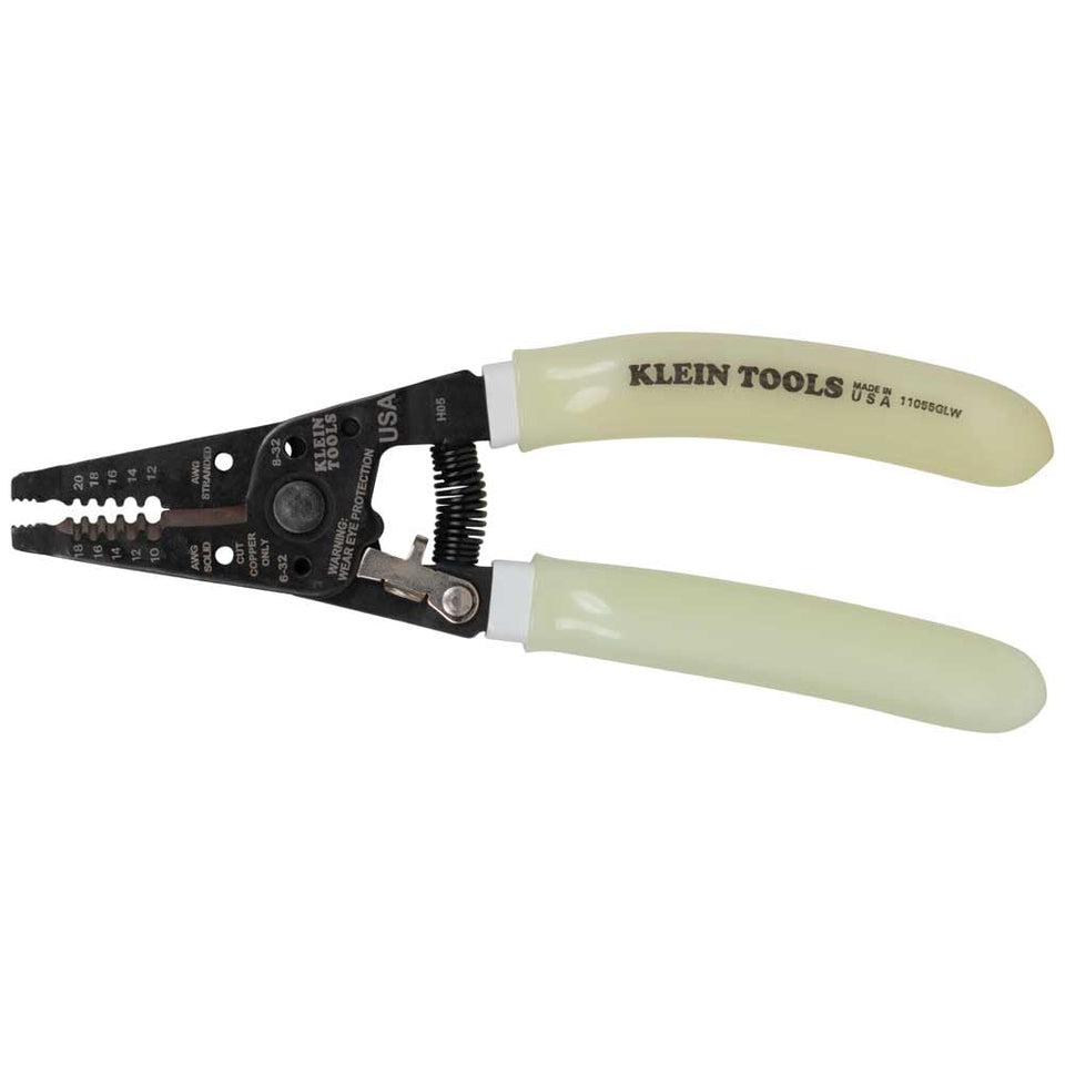 Klein Tools 11055GLW glow-in-dark grips illuminate the tool for easy finding.