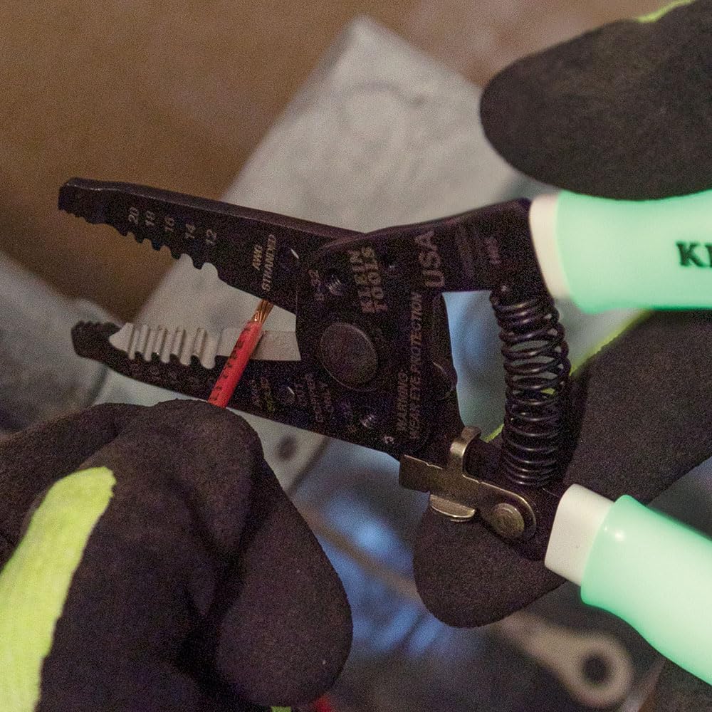 Klein Tools 11055GLW strips 12-20 AWG stranded wire neatly.