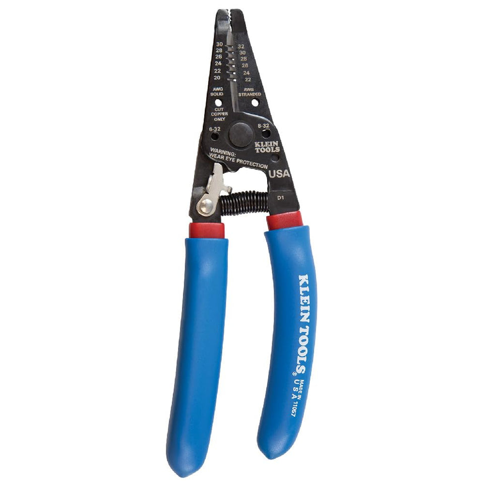 Klein Tools 11057 wire stripper nose close-up showing serrated grip for bending and pulling
