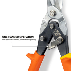Klein Tools 1202S snips illustrate one-handed operation with a self-open latch.