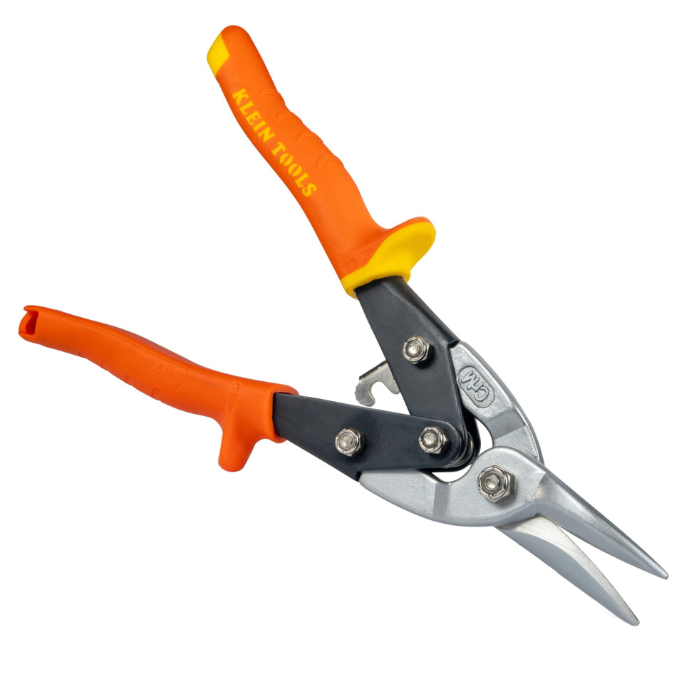 Klein Tools 1202S straight-cut aviation snips close-up showing durable blades for metal trimming.
