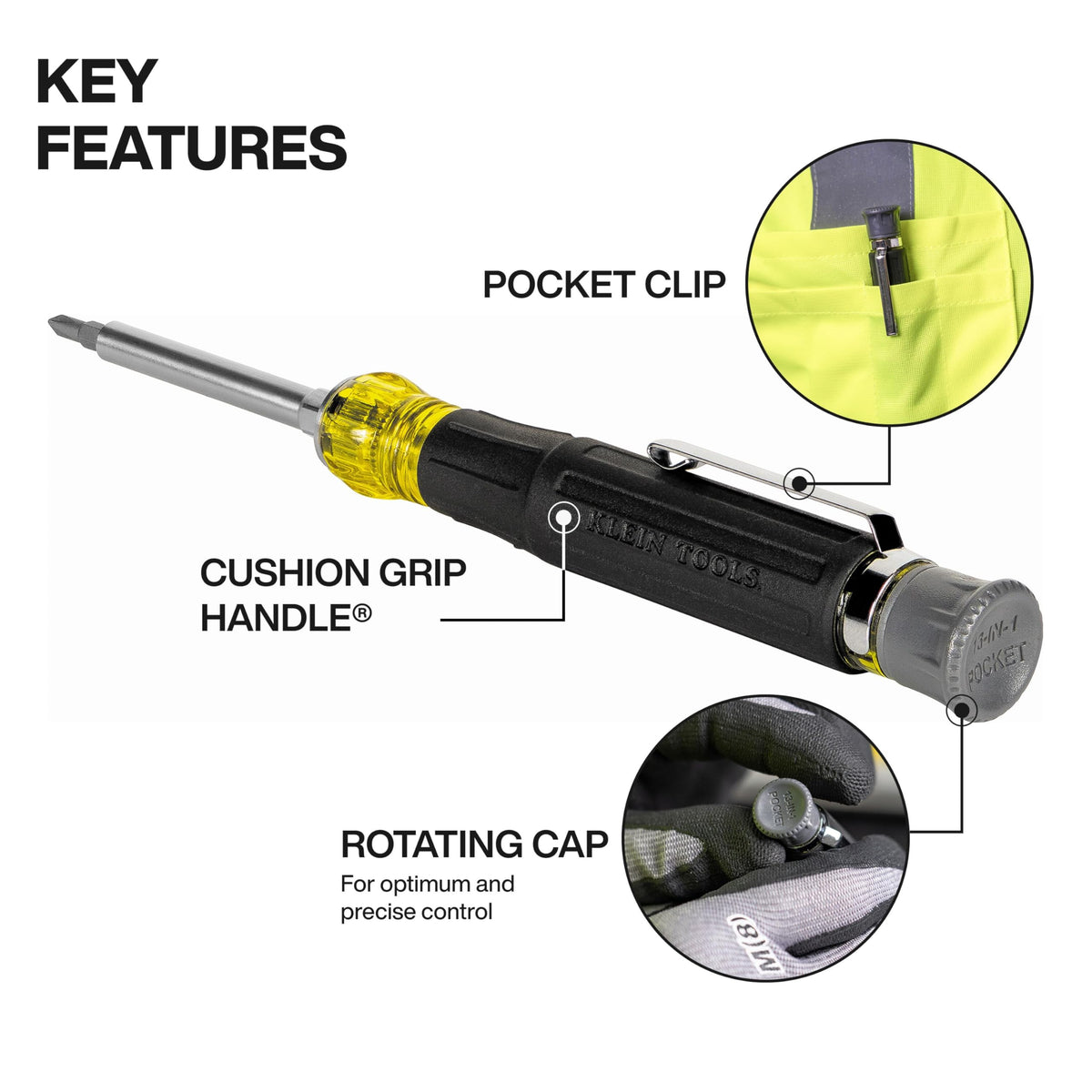 Klein Tools 13-in-1 magnetic driver with five double-ended bits for versatility.