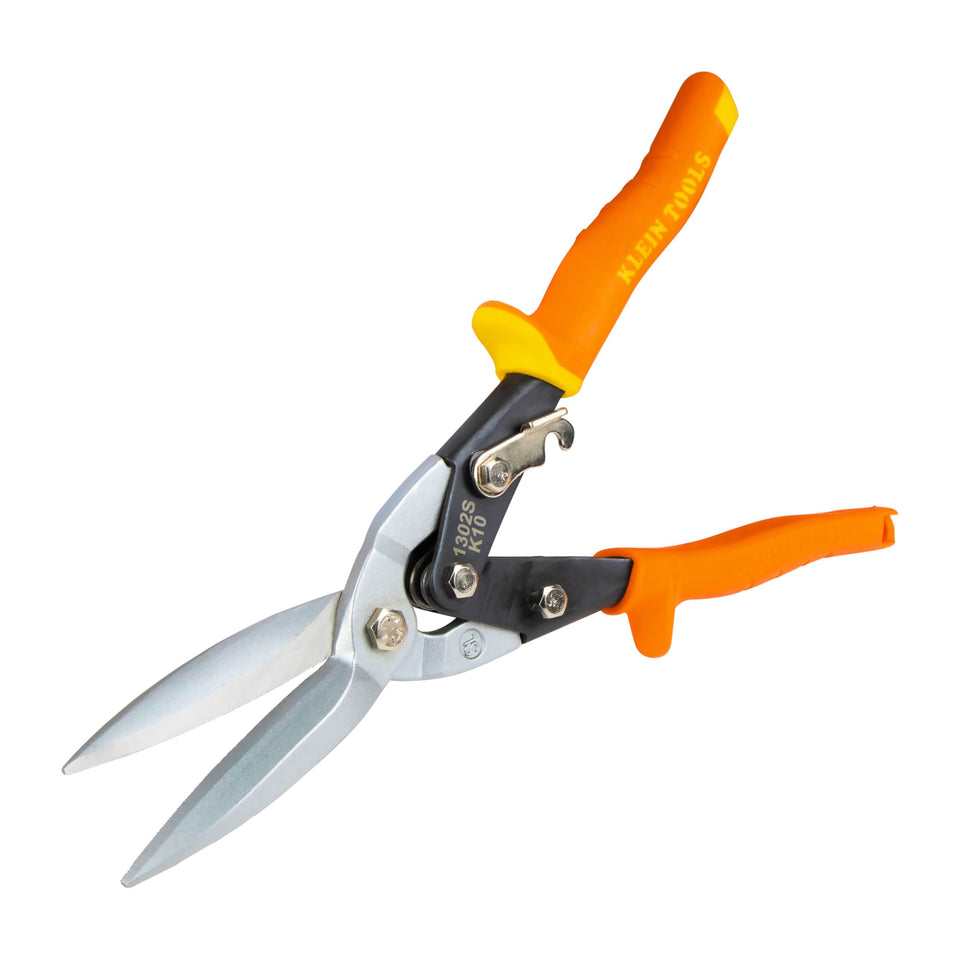 Klein Tools 1302S aviation snips with long-cut blade for sheet metal.